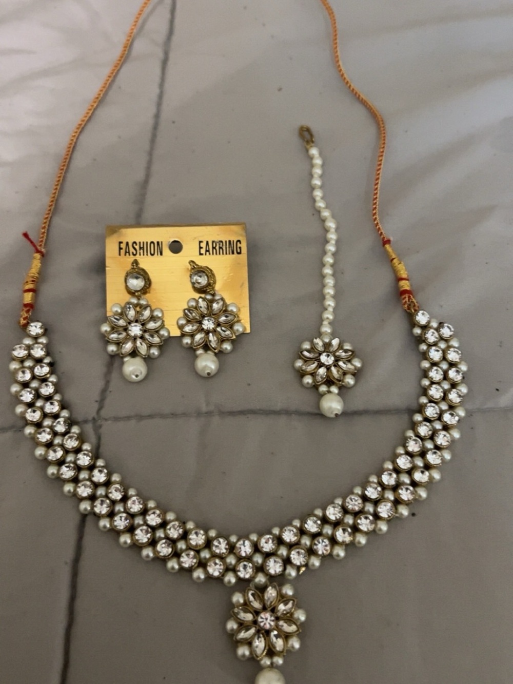 Elegant White Pearl & Crystal Indian jewelry set